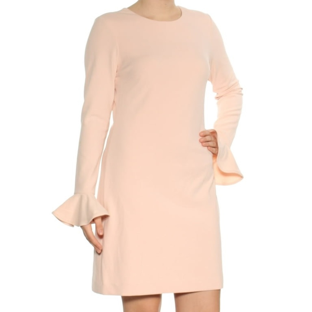 Calvin Klein Womens Long-Sleeve Round-Neck Cutout Ruffle Sheath Dress Pink Blush